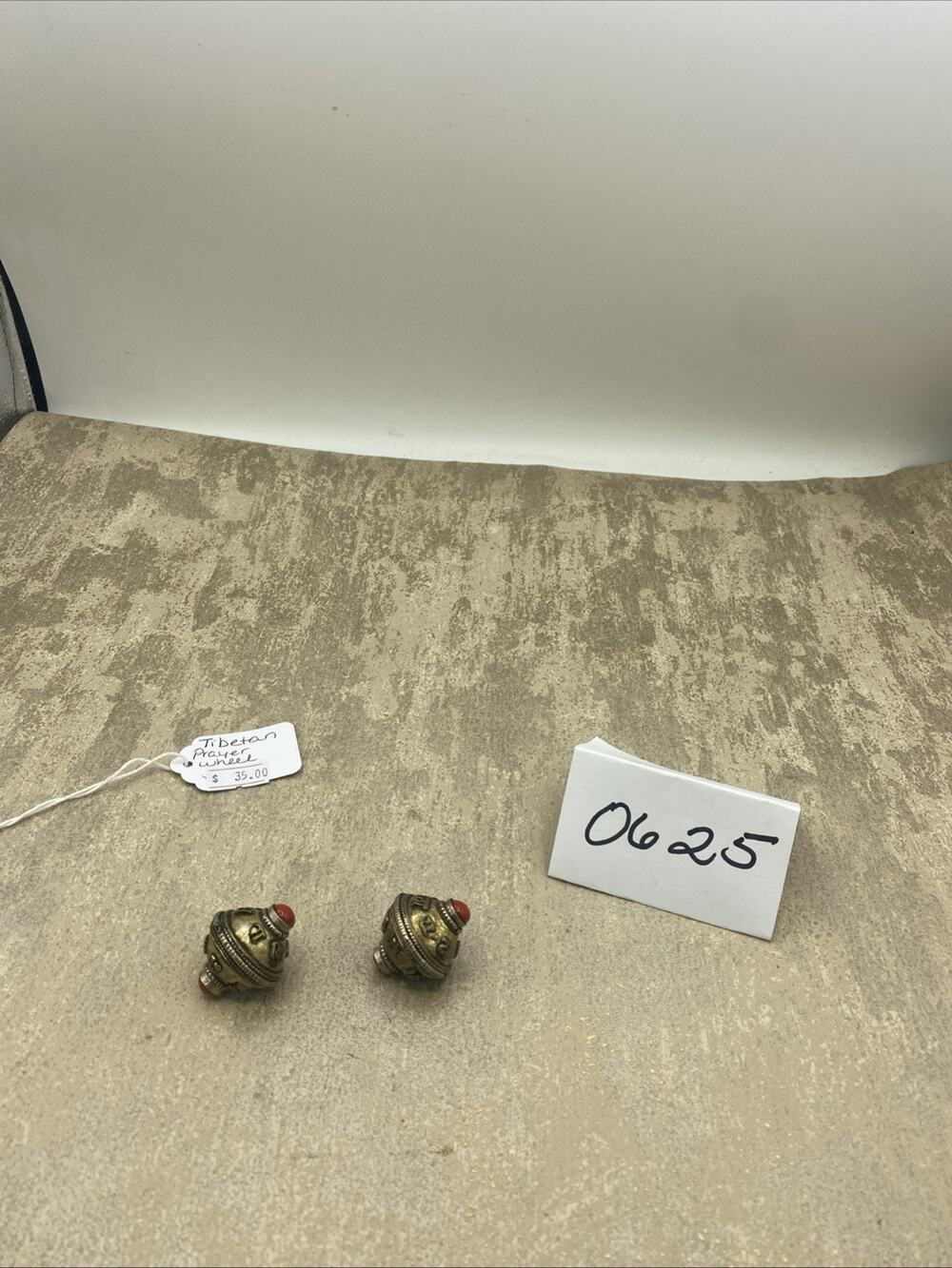 2-Tibetan Brass & Copper Prayer Wheel Beads W/Coral Accents Inscribed 1.5”